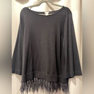 Chico's Feather Trim  Black Long Sleeve Knit Top Size 2 Large